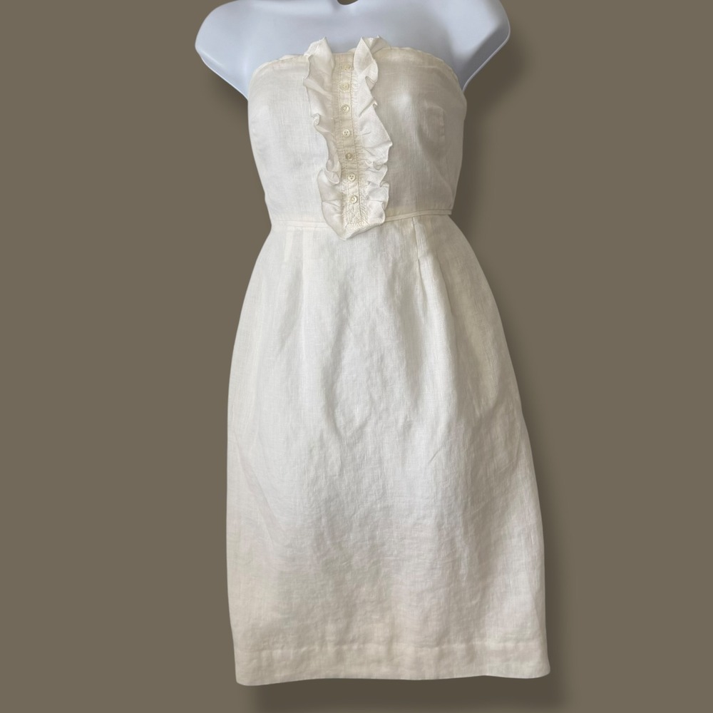 J. Crew Strapless 100% Linen Dress 4 Ivory Ruffle Front Lined Midi Cottagecore